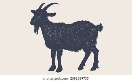 Goat. Hand drawn silhouette. Vintage retro print, black white goat drawing, sketch ink pencil draw style. Sketch artwork silhouette goat. Side view profile goat. Vector Illustration