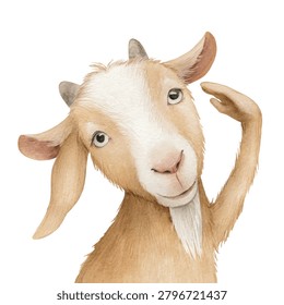 Goat with hand on head looking curious