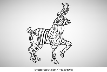 Goat. Hand-drawn with ethnic pattern. Coloring page - isolated on a white background. Zendoodle patterns. Vector illustration.