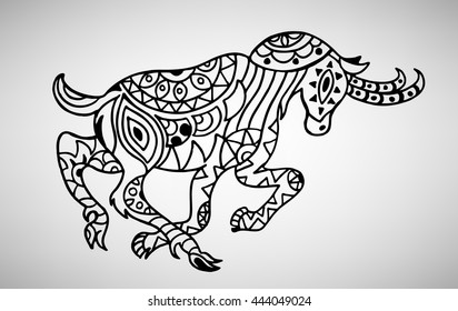 Goat. Hand-drawn with ethnic pattern. Coloring page - isolated on a white background. Zendoodle patterns. Vector illustration.