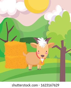 goat and hay stack trees field sun farm animal cartoon vector illustration