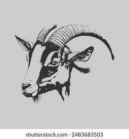 Goat head. Black and white vector illustration for tattoo or t-shirt design