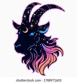 goat head in a bright multicolored palette with cosmic motives