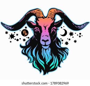 goat head in a bright multicolored palette with cosmic motives