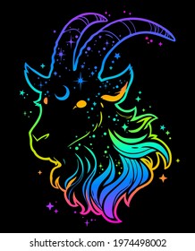 goat head in a bright multicolored palette with cosmic motives