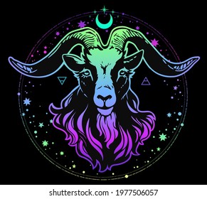 goat head in a bright multicolored palette with cosmic motives