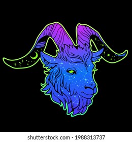 goat head in a bright multicolored palette with cosmic motives