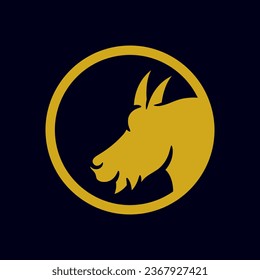 Goat head in circular shape logo design. Golden elegant and minimalist logo for adventure, outdoor or livestock farm business. Vector illustration