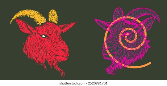 Goat head in colorful pop art style. Modern abstract print with animal. Vivid creative vector illustration.