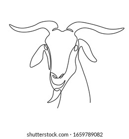 Goat head in continuous line art drawing style. Minimalist black linear sketch isolated on white background. Vector illustration