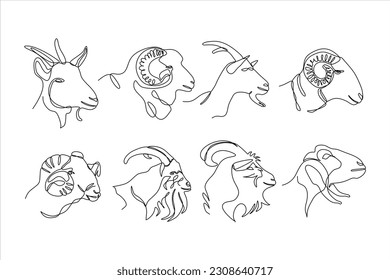 goat head continuous line art vector set illustration