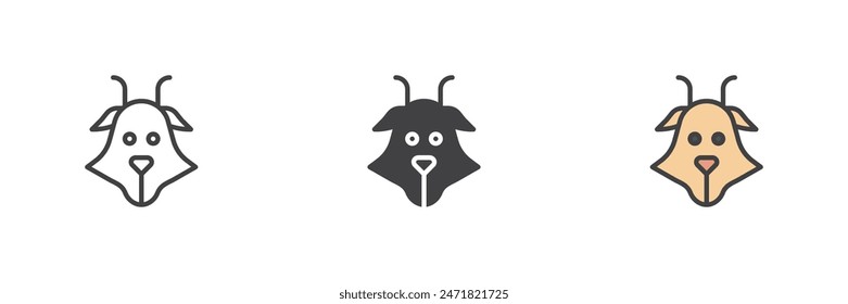 Goat head different style icon set. Line, glyph and filled outline colorful version, outline and filled vector sign. Capricorn symbol, logo illustration. Vector graphics