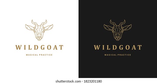 Ziegenkopf mit Hörner Logo Vorlage lineare Vektorgrafik. Wildes Waldtier minimaler Design Rahmenstil. Gut für Logo- oder Jagdposter-Dekoration.