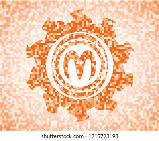 goat head icon inside abstract emblem, orange mosaic background