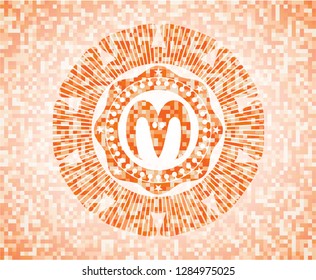goat head icon inside abstract emblem, orange mosaic background