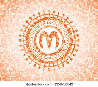 goat head icon inside abstract emblem, orange mosaic background