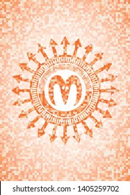 goat head icon inside abstract emblem, orange mosaic background
