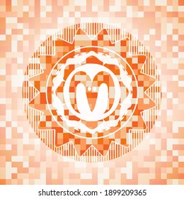goat head icon inside abstract emblem, orange mosaic background. 