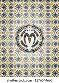 goat head icon inside arabic emblem background. Arabesque decoration.