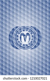 goat head icon inside blue emblem with geometric pattern background.