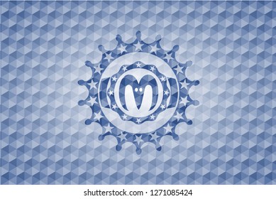 goat head icon inside blue emblem or badge with abstract geometric pattern background.