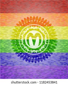 goat head icon inside emblem on mosaic background with the colors of the LGBT flag