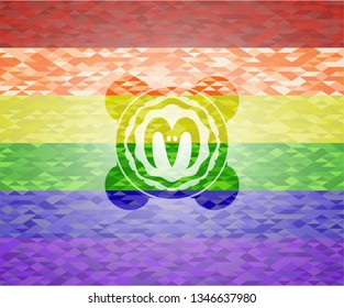 goat head icon inside emblem on mosaic background with the colors of the LGBT flag