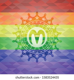goat head icon inside emblem on mosaic background with the colors of the LGBT flag
