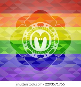 icono de cabeza de cabra dentro del emblema sobre fondo de mosaico con los colores de la bandera LGBT. 