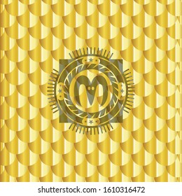 goat head icon inside golden emblem or badge. Scales pattern. Vector Illustration. Detailed.