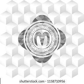 goat head icon inside grey emblem with cube white background