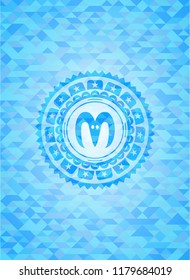goat head icon inside light blue emblem. Mosaic background