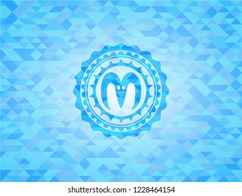 goat head icon inside light blue emblem. Mosaic background