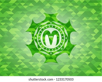 goat head icon inside realistic green emblem. Mosaic background