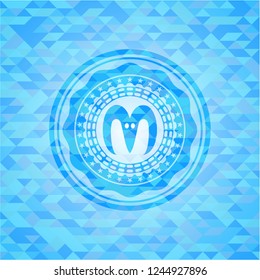 goat head icon inside realistic light blue emblem. Mosaic background