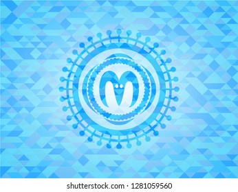 goat head icon inside realistic sky blue emblem. Mosaic background