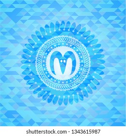 goat head icon inside realistic light blue emblem. Mosaic background