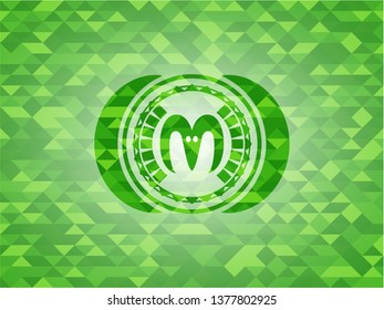 goat head icon inside realistic green emblem. Mosaic background