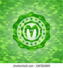 goat head icon inside realistic green emblem. Mosaic background