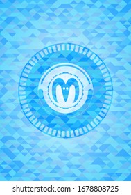 goat head icon inside realistic sky blue emblem. Mosaic background