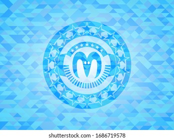 goat head icon inside realistic sky blue emblem. Mosaic background