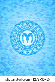 goat head icon inside sky blue emblem. Mosaic background