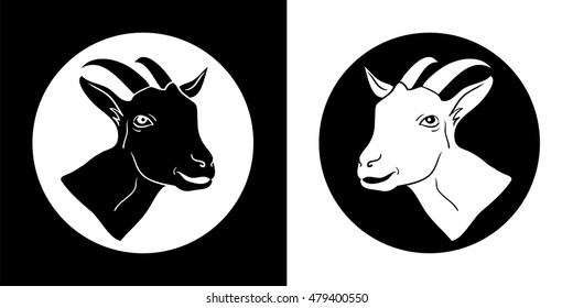  Goat. Goat head. Goat isolated, black vector silhouettes of the head 