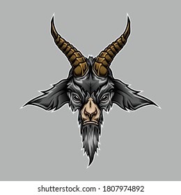 Goat head mascot. Colorful vector illustration in stylish engraving technique of goat head. Isolated on gray background.