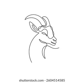 Goat head in one continuous line art drawing style. Minimalist black linear isolated on white background. Capricorn symbol vector illustration. Editable