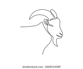 Goat head in one continuous line art drawing style. Minimalist black linear isolated on white background. Capricorn symbol vector illustration. Editable