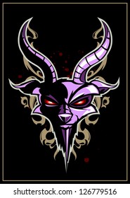 Goat head with pattern on black background. Print style. Layered vector EPS 8 illustration.