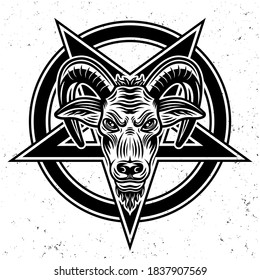 Goat head and pentagram star vector illustration in monochrome style isolated on white background