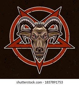 Goat head and pentagram vector illustration in colorful style on dark background