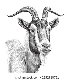 Goat head portrait hand drawn engraving sketch Vector illustration.